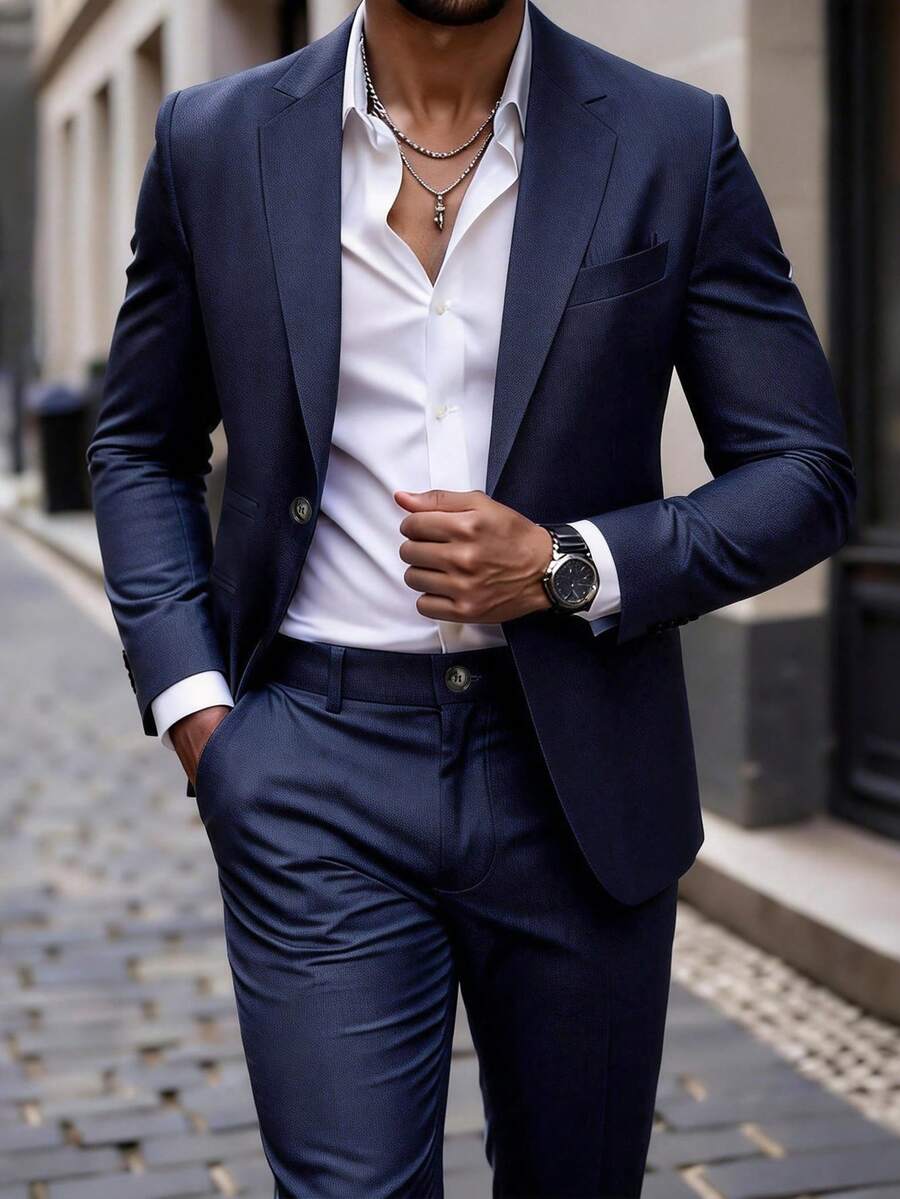 Manfinity Bizformal Men's Solid Color Lapel NeckLong Sleeve Suit Jacket And Pants Business Formal Suit Set - Navy Blue - View 1