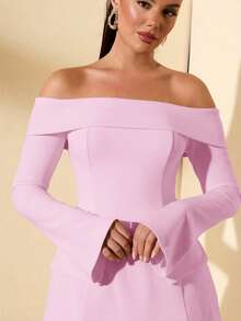 SHEIN BAE 女士秋季露肩长袖装饰鸡尾酒连衣裙，适合派对、约会之夜 - 淺粉色 - 查看 5