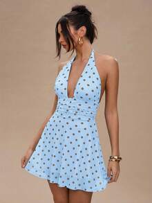 SHEIN BAE 波点露背无袖束腰时尚迷你连衣裙 - 淺藍色 - 查看 6