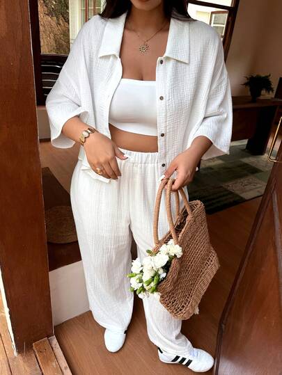 Comfortcana Plus Size Women's White Linen Shirt And Pants Set, Suitable For Vacation, Outing And Daily Wear, Autumn White Linen Pants Set Linen Two Piece Set Women Summer 2 Pieces Sets Co Ord Set Summer Linen Outfit