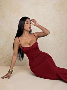 SHEIN PETITE 女款優雅酒紅色細肩帶蕾絲拼接網紗修身洋裝，適合冬季、約會、婚禮派對、畢業典禮、宴會、姐妹聚會，小個子女性適用 - 酒紅色 - 查看 2
