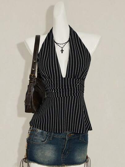 SHEIN ICON Top sin espalda con cuello halter, escote profundo en V, cintura ceñida y estampado de rayas