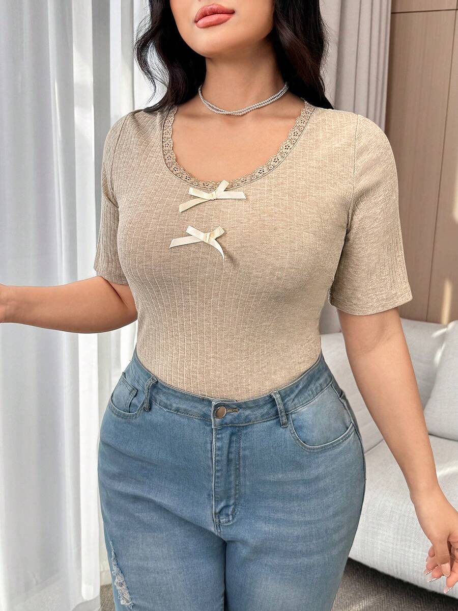 Feyla Plus Size Women Contrast Lace Round Neck Short Sleeve Bow Decor Fashion T-Shirt Knit Tops For Women Bow Tops For Women - Apricot - View 1
