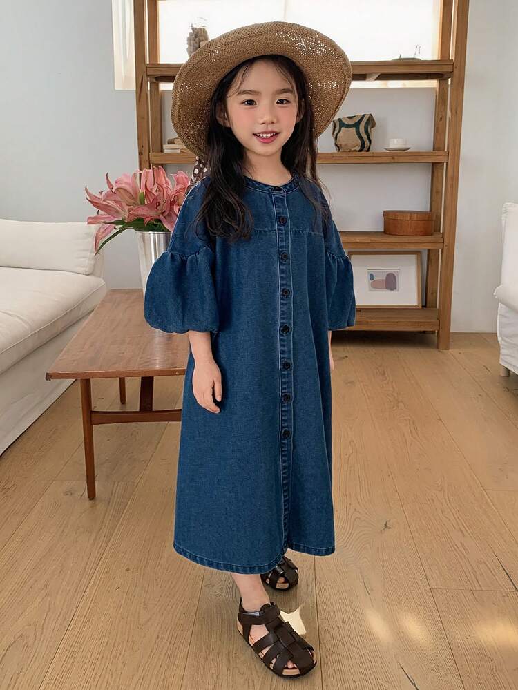 Young Girl' Round Neck Washed Casual Long Sleeve Denim Dress