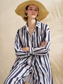 Airaco 女士条纹长衬衫和阔腿裤套装 - 藍色 - 查看 4