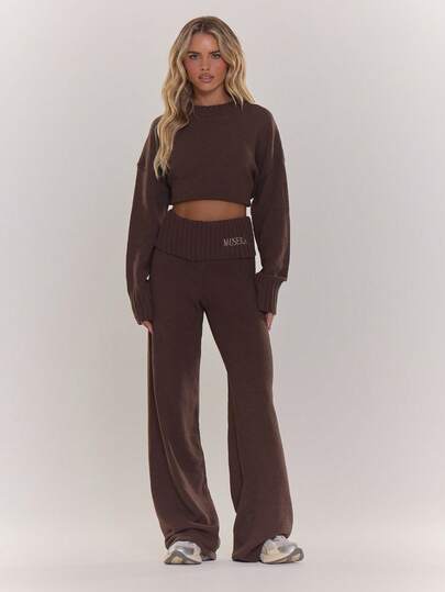 MUSERA Oversized Rib Knit Embroidered Detail Wide Leg Co-Ord Trousers Only Cosy Cute Casual Winter Chic Coffee Club Spring