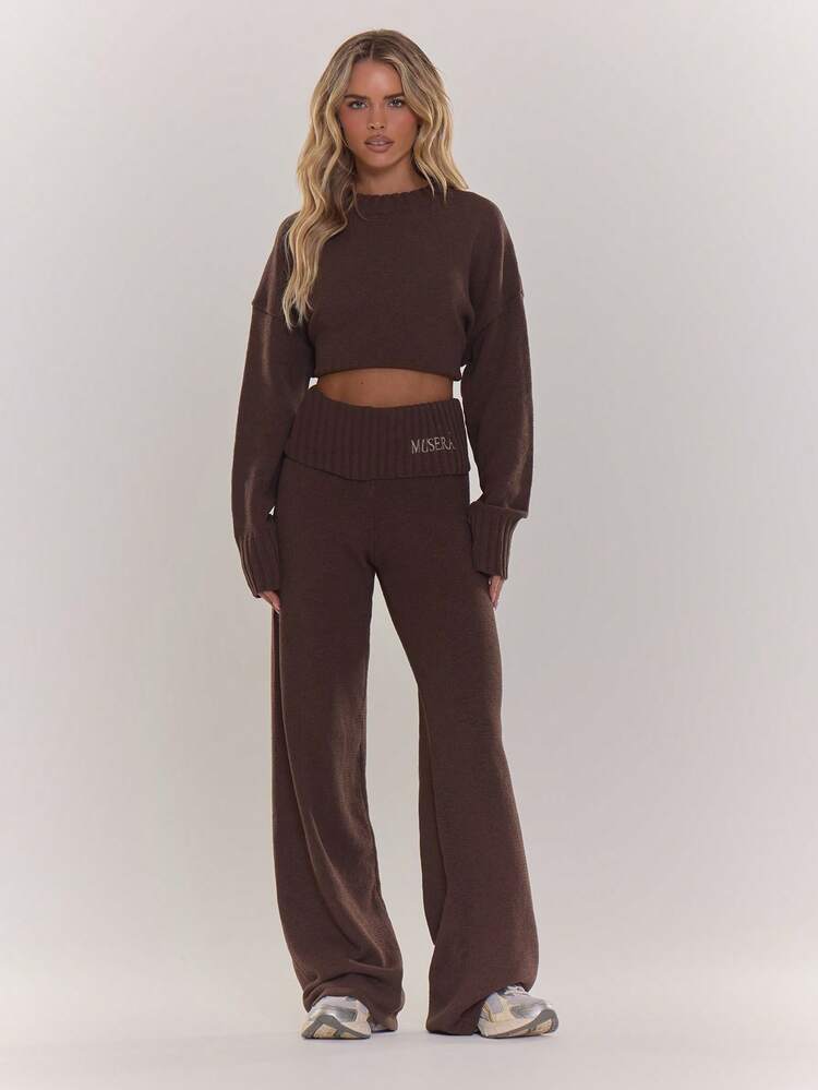 MUSERA Oversized Rib Knit Embroidered Detail Wide Leg Co-Ord Trousers Only Cosy Cute Casual Winter Chic Coffee Club Spring - Chocolate Brown - View 1