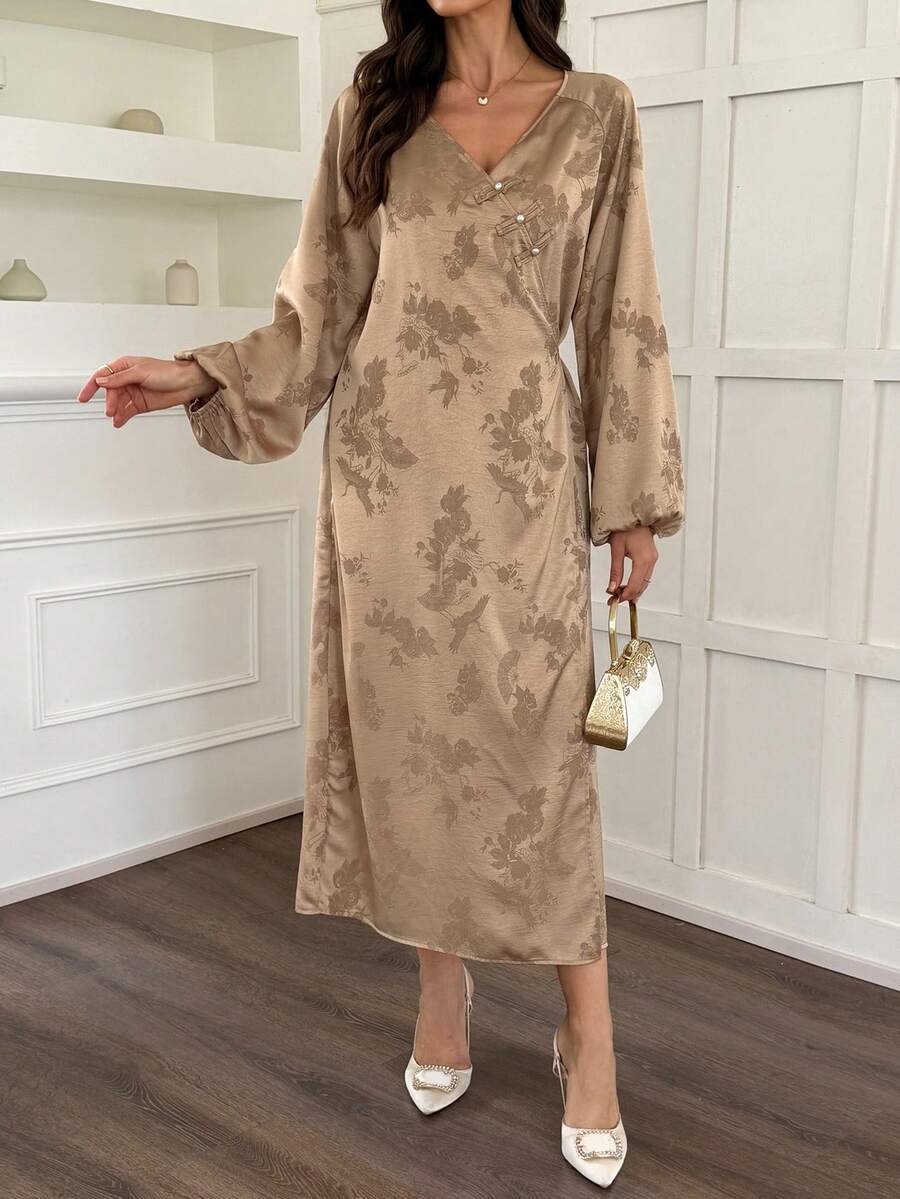 Vivie Lora Women's Chinese Style Floral Print Midi Dress With Oblique Collar Sundress - Khaki - View 1