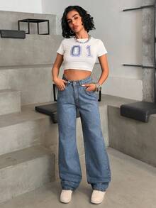 EURMUSE HIGH WAIST CASUAL STYLE DENIM STRAIGHT - Baby Blue - View 4