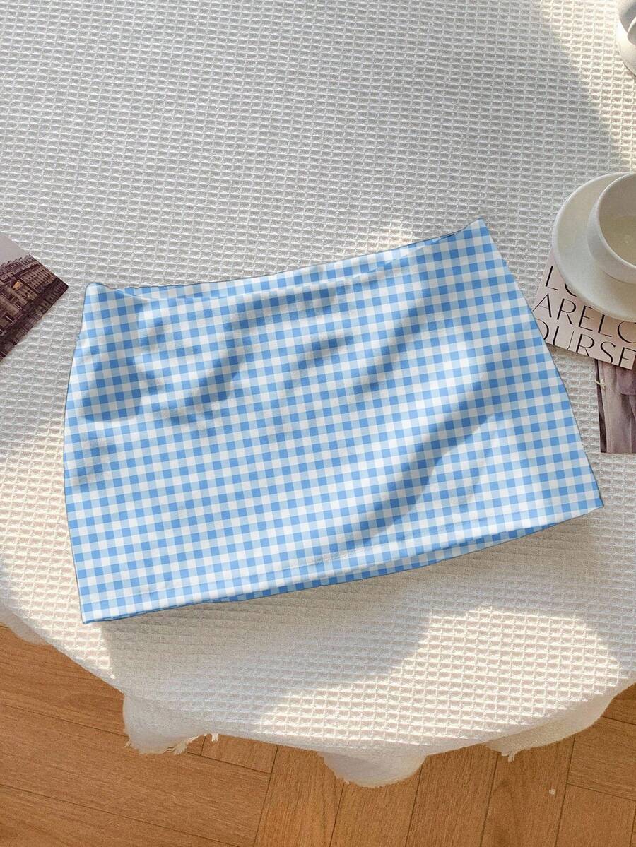 Comfortcana Chân váy chữ A nữ họa tiết kẻ caro xanh dương kiểu retro, thích hợp để phối đồ, đi nghỉ xuân, du lịch biển, dạo phố, hẹn hò, phong cách thanh lịch. - trắng - Xem 1
