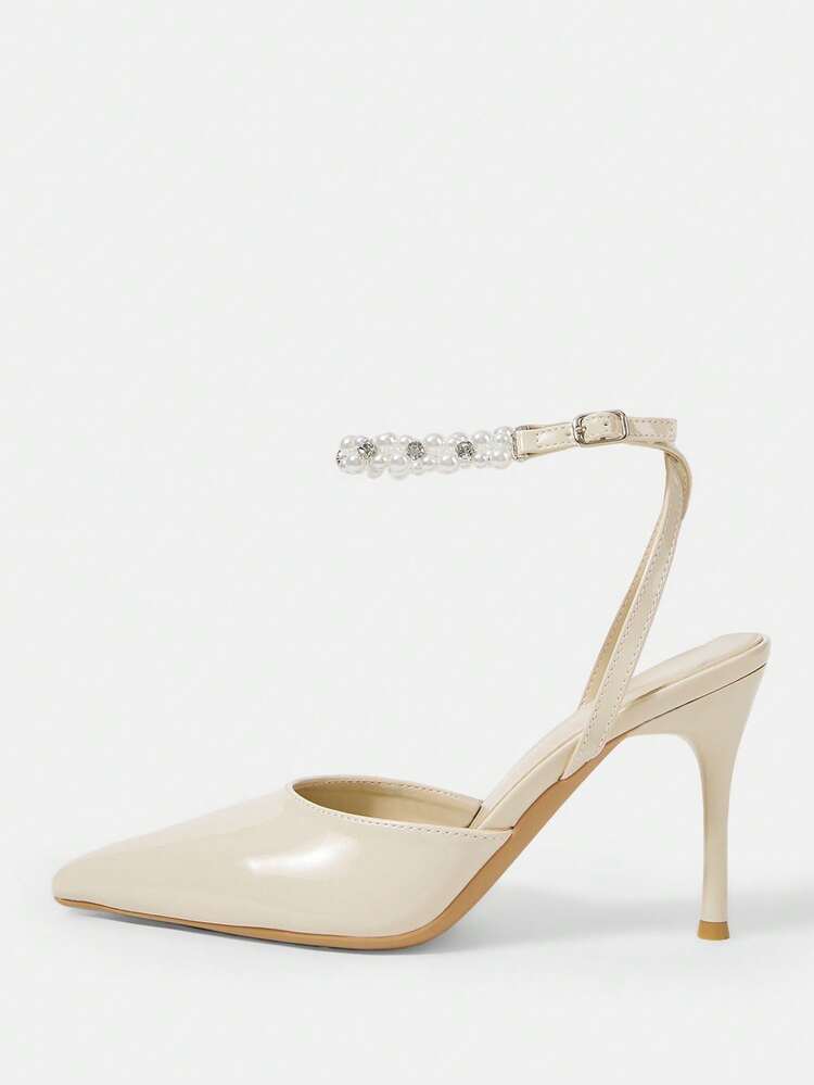 CUCCOO HITCHD Women Shoes Women Pointed Slender Heel Apricot Faux Pearl Women's High Heel Shoes Ankle Strap Slingback Shoes Fashion Sexy Party Banquet Wedding Fashion Simple High Heel Women's Shoes Elegant Shoes Wedding Shoes