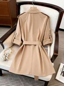 GlowEve Fashionable Lapel Raglan Sleeve Trench Coat With Tie Waist And Metal Buttons, Elegant Commuter Jacket, Khaki, Spring/Autumn New Style Midi Windbreaker
