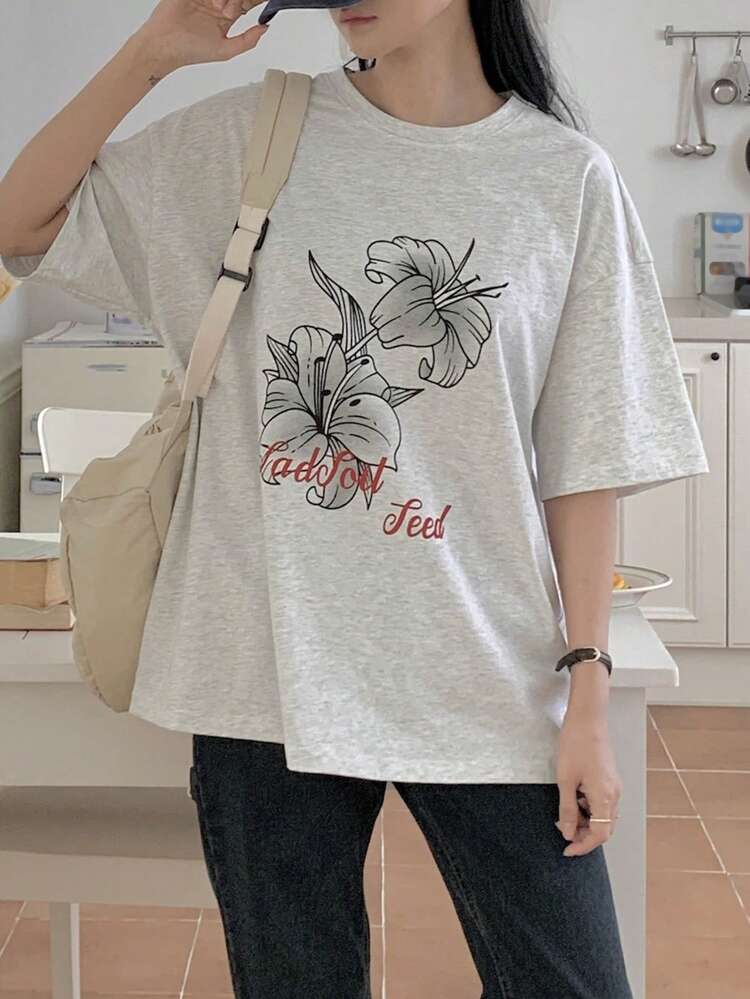 Women's Letter & Floral Print Round Neck Dropped Shoulder Casual Loose T-Shirt Graphic Tees Women