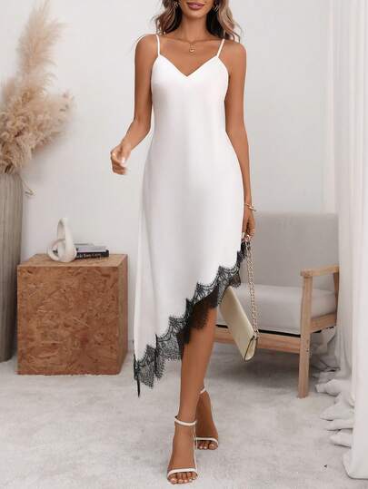 EMERY ROSE Women's Elegant Casual Dress, Romantic French Sicily Style, Suitable For Commute, Vacation, Afternoon Tea, Valentine's Day Party, Solid Color Satin Asymmetric Hem Patchwork Lace Trim Spaghetti Strap Midi Dress, Spring/Summer