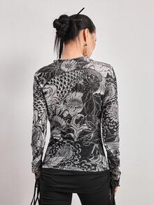 ROMWE Avant Spring/SummergraphicWomen's New Chinese Style Mesh Koi Fish Textured Semi-Sheer Long Sleeve Top - Multicolor - View 6