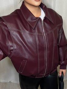 Dayanna Comas 女式纯色长袖拉链领休闲 PU 皮夹克，秋季，女式皮夹克，酒红色皮夹克，超大皮夹克 - 酒紅色 - 查看 5