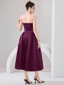 Poshira Women's Solid Color Rhinestone Decor Ruched Bandeau Formal Gown (Heavily Embellished) - Burgundy - View 2