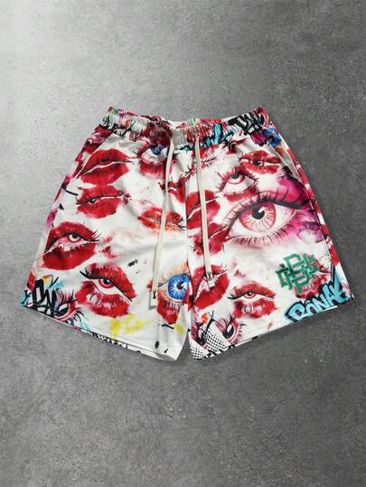 ROMWE MEN Street Life Men's Street Graphic Print Casual Shorts, Suitable For Spring/Summer