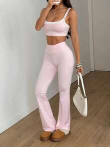 FavEase 2pcs/Set Pink & White Splice Crop Top Camisole & Retro Flare Leg Pants, Knitted Stretchy Comfortable Women Yoga Fitness Tennis Casual Running Daily Minimalist Versatile Outfit, Spring/Summer - Pink - View 2