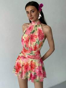 Vestido mini sin mangas de estilo bohemio con cuello alto y estampado, cintura entallada, paneles de malla plisada y bajo amplio sin espalda, ideal para vacaciones - Naranja - Ver 4