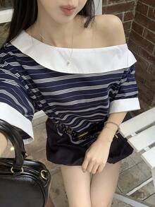 DAZY Women's Contrast Stripe Asymmetric-Shoulder Short Sleeve Casual Street Style T-Shirt - Blue - View 5