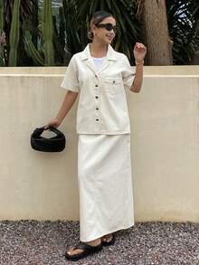 DAZY Women's Casual Pocket Shirt Collar Straight Skirt Denim 2-Piece Set, Spring/Summer - Beige - View 6