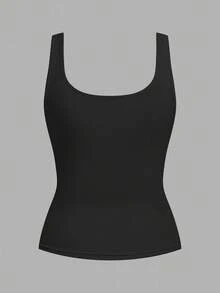 SHEIN CURVE+ 2件套加大码女式休闲圆领褶皱腰身修身背心套装，日常百搭 - 黑色 - 查看 4