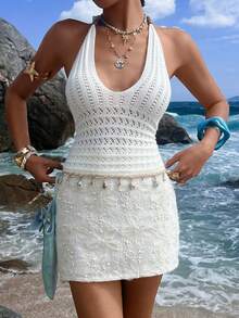Fashionable Ivory White Knit Halter Top With Starfish Pendant Necklace,Summer Casual Vacation Holiday Beach Elegant Party Clubs Date Night Out - White - View 4