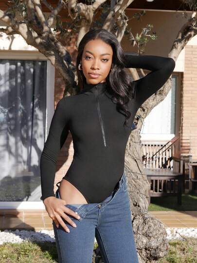 Yess Loren Women's Zipper Stand Collar Bodysuit Fall Cloth For Women