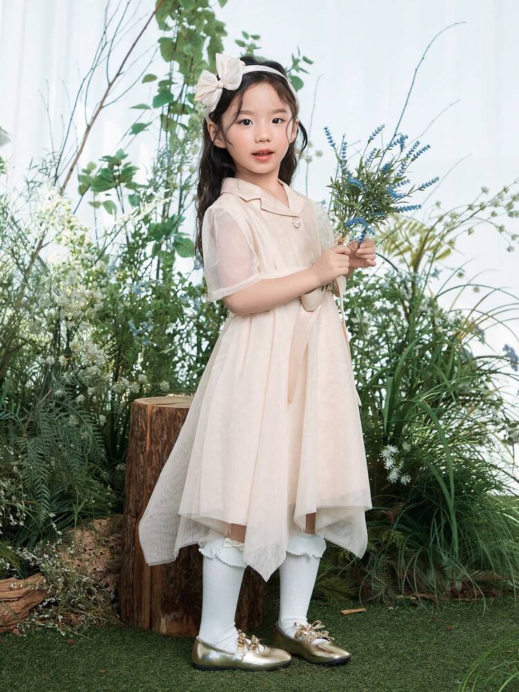 Young Girls Collar Tie Casual Korean Style Party Birthday Solid Color Dress