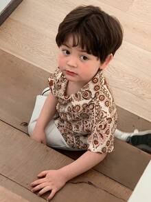 DAZY Toddler Boys' Allover Print Casual Turndown Collar Short Sleeve Vacation Top, Spring/Summer - Coffee Brown - View 4