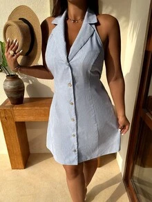 SHEIN EZwear Đầm không tay kẻ sọc cỡ lớn dành cho nữ, đầm kẻ sọc bằng vải lanh, trang phục mùa thu dành cho nữ, trang phục giáo viên phong cách retro, trang phục công sở dành cho nữ, trang phục giáo viên, trang phục đi làm, phong cách công sở đơn giản retro, 100% cotton, đầm hè dành cho nữ, đầm mùa hè dành cho nữ, trang phục công sở thường ngày dành cho nữ. - Xanh và trắng - Xem 4