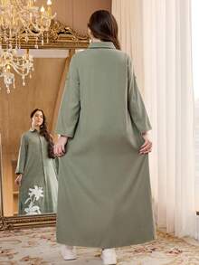 Teens/Teen Girl Casual Vacation V-Neck Button-Up Loose Dropped Shoulder Large Floral Lily Print Turnover Mid-Sleeve Maxi Woven Dress, Gray-Green - Green - View 5