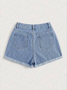 GlowEve Quần short denim kẻ sọc kiểu dáng thường ngày dành cho nữ, mùa hè. - Màu xanh lam - Xem 2