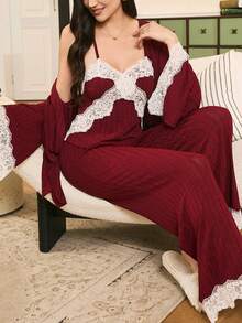 Moireta Elegant Lace Trim Flare Sleeve Pants Women Pajama Set, Charming For Valentine's Day - Burgundy - View 3