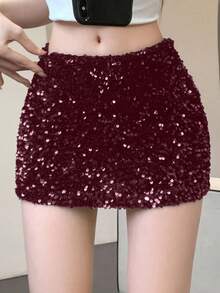DAZY Women's Solid Color Low Waist Super Short Mini Skirt, All Season - Burgundy - View 4