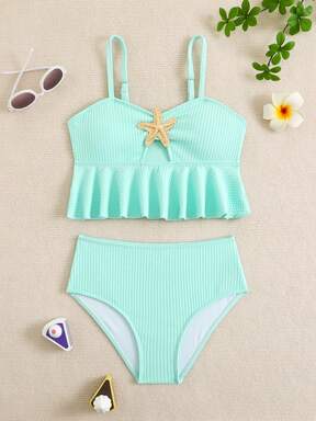 SHEIN Tween Girls Bikini Sets, 2pcs Knit Fabric Spaghetti Strap Swimsuit, Fashionable Casual Elegant Swimwear For Swimming, Suitable For Summer Vacation, Beach, Pool, Holiday Party