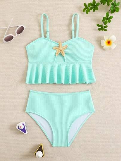 SHEIN Tween Girls Bikini Sets, 2pcs Knit Fabric Spaghetti Strap Swimsuit, Fashionable Casual Elegant Swimwear For Swimming, Suitable For Summer Vacation, Beach, Pool, Holiday Party Summer Two Piece Set Teens Tween Starfish Bikini Girls Two Piece Bathing Suit Tween