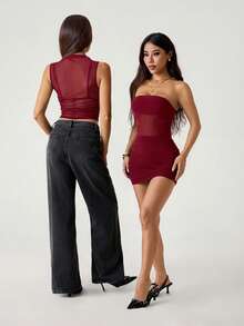 SHEIN PETITE 女士纯色网纱拼接褶皱修身迷你抹胸连衣裙 - 酒紅色 - 查看 7