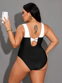 Shapewave 大码优雅夏季度假沙滩显瘦显瘦黑白撞色胸部支撑连体泳衣 - 黑與白 - 查看 7