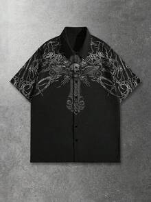 ROMWE MEN Goth Men's Short Sleeve Cross & Skull Print Single-Breasted Casual Shirt - Black - View 1