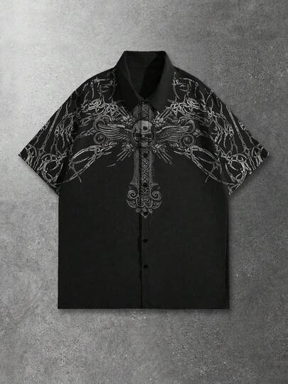 ROMWE MEN Goth Camisa casual de manga corta con estampado de cruz y calavera de solapa única para hombres