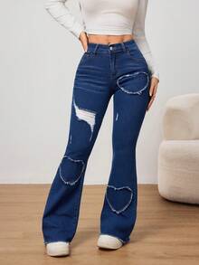 SHEIN PETITE Summer And Spring Women's Valentine Day Casual Denim Heart Appliques Embroidery Design Washed Distressed Flare Legs Jeans - Medium Wash - View 3