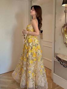 Selianne 最新春夏浪漫优雅紫色花卉刺绣网纱收腰女式连衣裙 - 黃色 - 查看 6