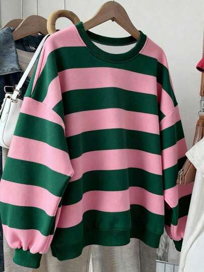 INAWLY Plus Size Women's Casual Loose Striped Green & Pink Round Neck Sweatshirt, Christmas