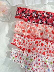 PetitDoll 4pcs/Set Cute Pink Heart Print Bow Trim Panties For Teenage Girls - Multicolor - View 3