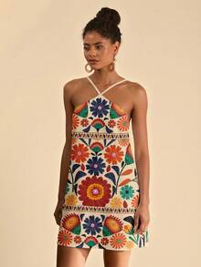 Travachic 休闲简约度假风彩色几何图案印花露背迷你连衣裙，适合春夏度假 - 白色 - 查看 6