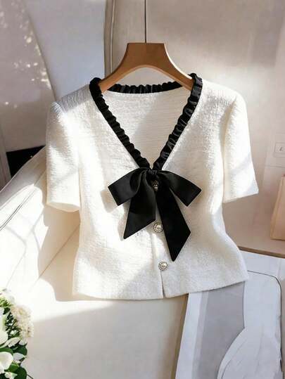 Chiquease 女士V领短袖毛衣，黑白撞色面料