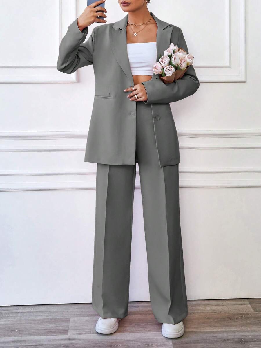 EURMUSE Fashionable Versatile Solid Color Suit Set, Commuter Outfit - Light Grey - View 1
