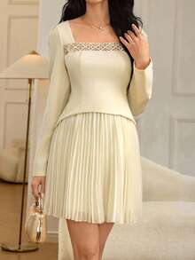 Modelyn 女士褶裥短款收腰优雅修身连衣裙 - 杏色 - 查看 4